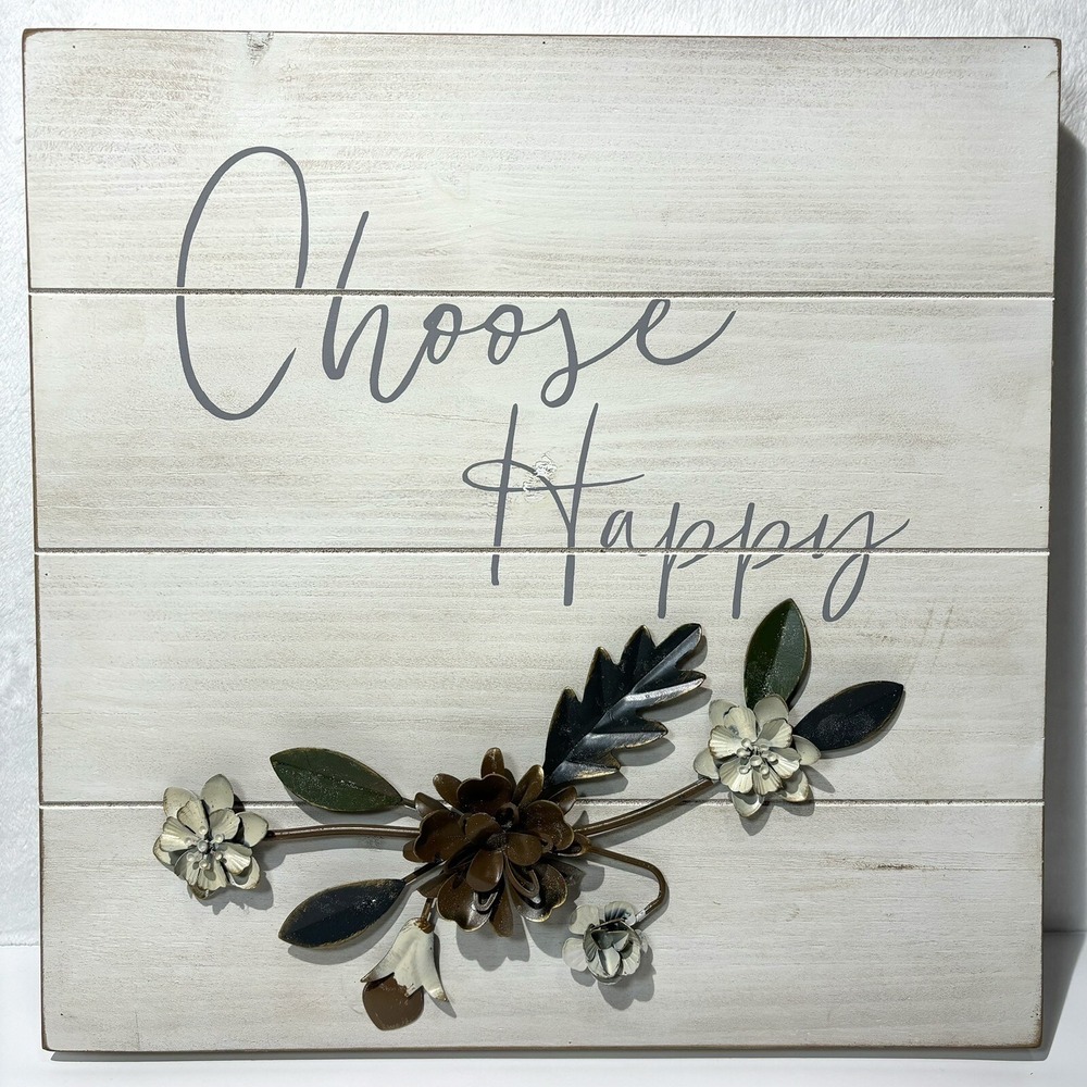 Choose Happy Wood Metal Wall Art Farmhouse Decor Sign Whitewashed Shiplap 14x14”
